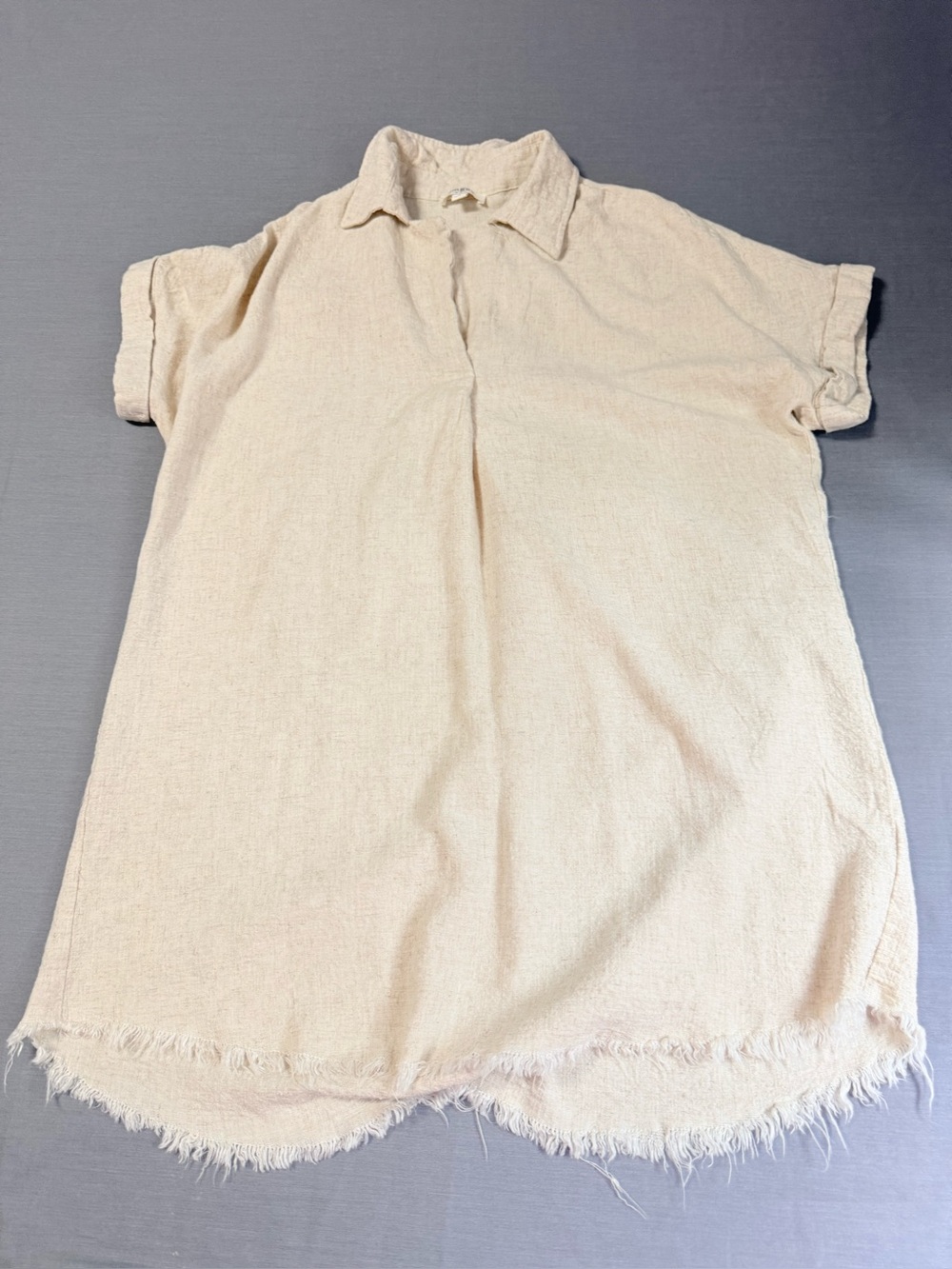 Umgee Oatmeal Linen Blend Frayed Hem Shift Dress Cuffed Sleeve Boho Sz Large